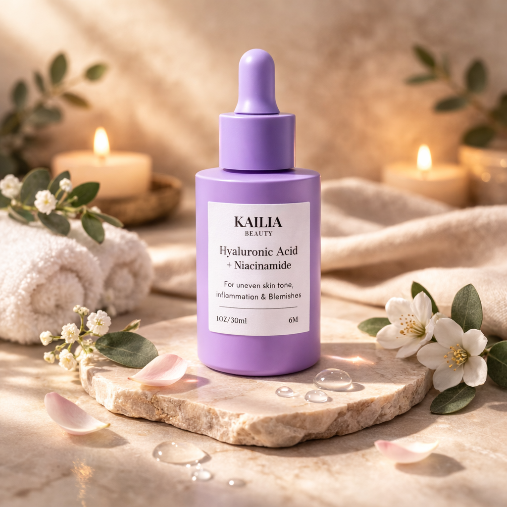 Purple skincare dropper bottle with 'Kailia Beauty' on a stone surface with candles and flowers.
