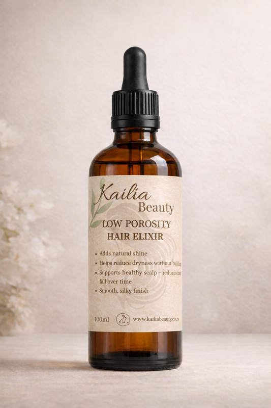 Kailia Beauty Low Porosity Hair Elixir bottle on a neutral background