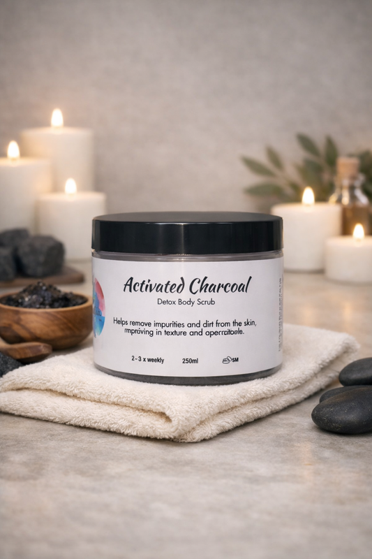 Jar of activated charcoal body scrub on a towel with candles and stones in the background